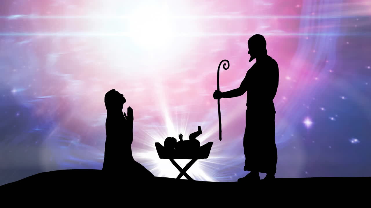 겨울 풍경 배경에서 크리스마스 탄생 장면의 애니메이션