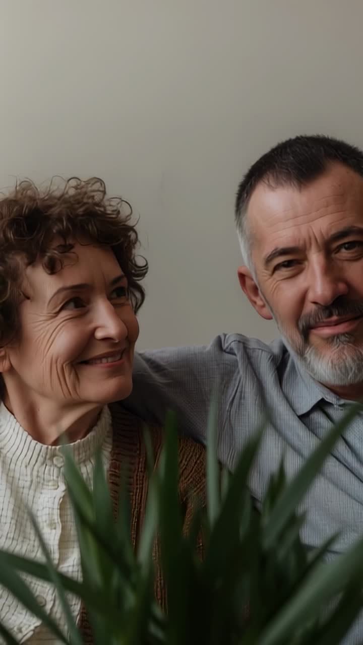Vídeo vertical: casal de idosos sorrindo, sentado em um sofá em casa, vestindo um cardigã, com uma câmera filmando uma planta