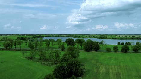 Volar-Sobre-árboles-Altos-Cerca-Del-Lago,-Cielo-Azul-Con-Nubes-Blancas,-Imágenes-Aéreas