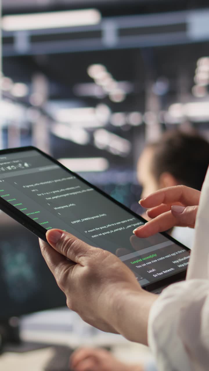 Vertical video Close up of data center system administrator coding on tablet