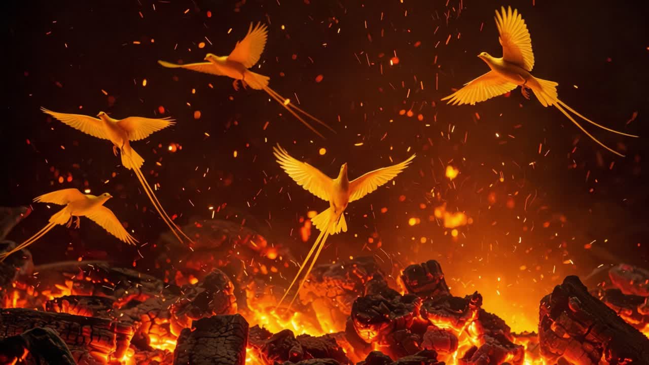 A Stunning Display of Fiery Birds in Flight Over an Erupting Lava Landscape, Capturing the Power and Beauty of Nature's Elements in a Breathtaking Scene