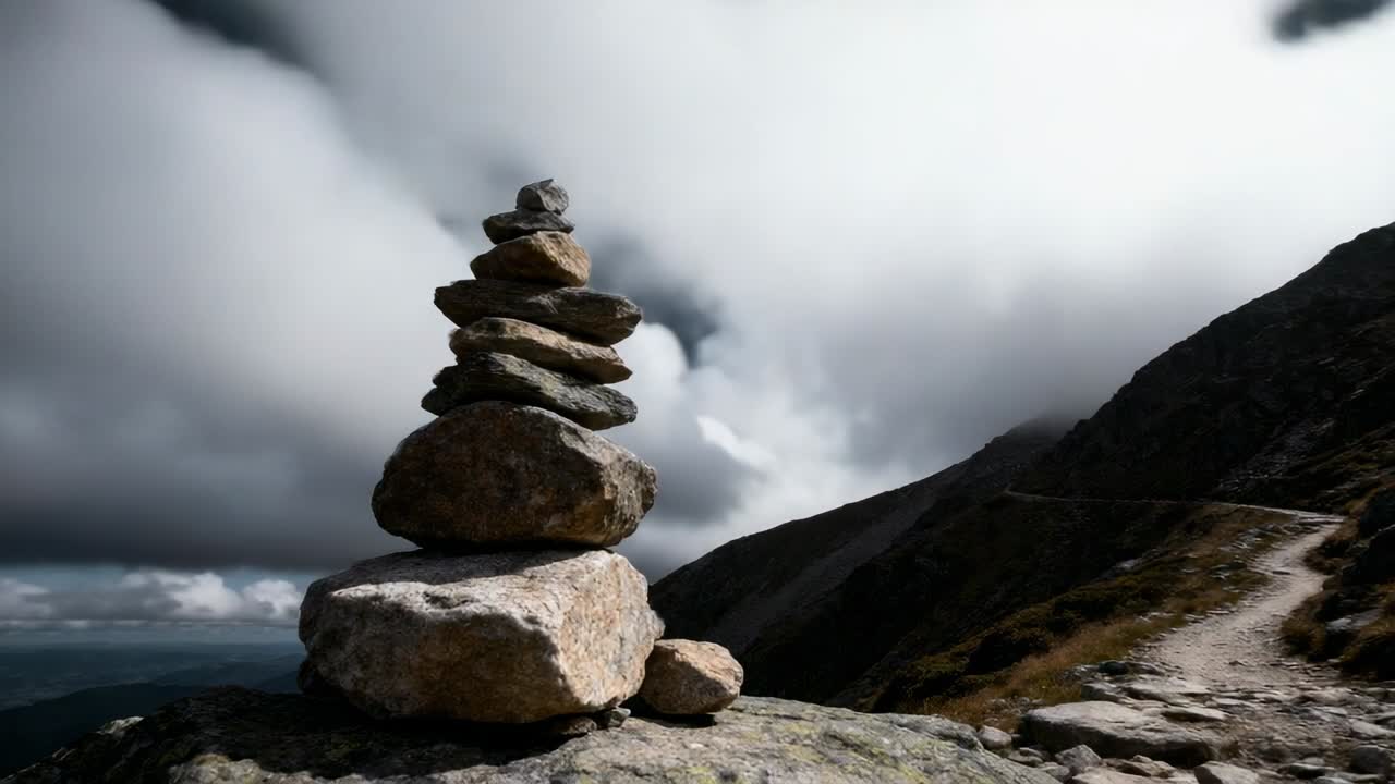 Advancing windy low clouds moving across high ridge, dimming light and silhouetting stacked stones