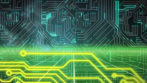 Animation-of-yellow-circuit-board-pattern-over-lines-in-illuminated-motherboard