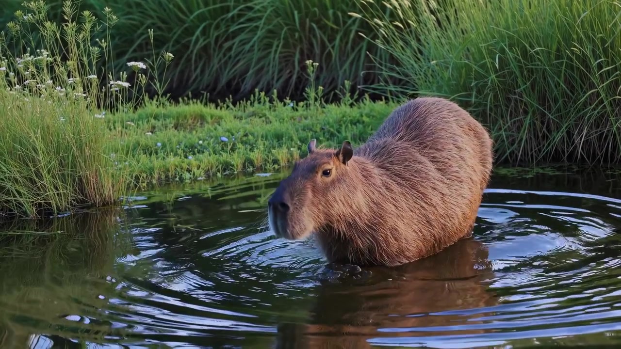 Kapivar drikker vand i en frodig grøn dam.