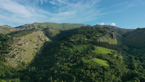 lateral-flight-with-a-drone-in-limestone-mountains-are-forests-of-oaks-and-beech-trees-seeing-steep-slopes-cattle-houses-green-meadows-and-plateaued-peaks-on-a-summer-day-in-Cantabria-Spain