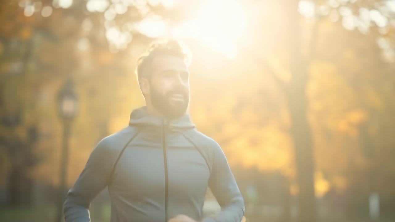A man jogging in a park, captured from a low angle with sunlight filtering through trees