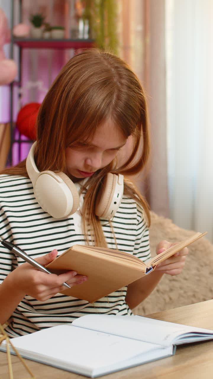 Child girl kid confused by school textbook task at table on home sofa holding head with frustration