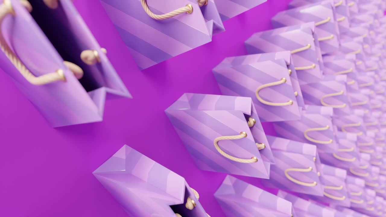 filas de bolsas de compras bien alineadas, animación 3d en fondo rosa