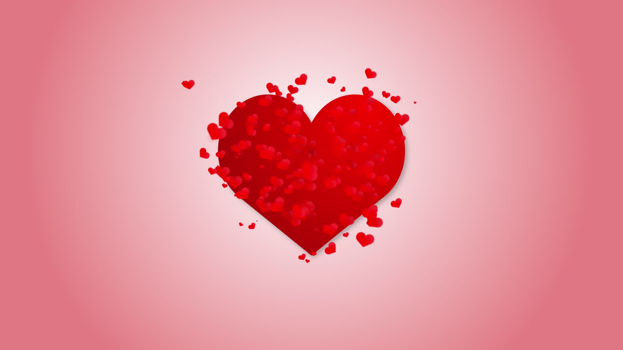 Red beating heart symbol on a red background. Movement of small red hearts. Animated romantic background.