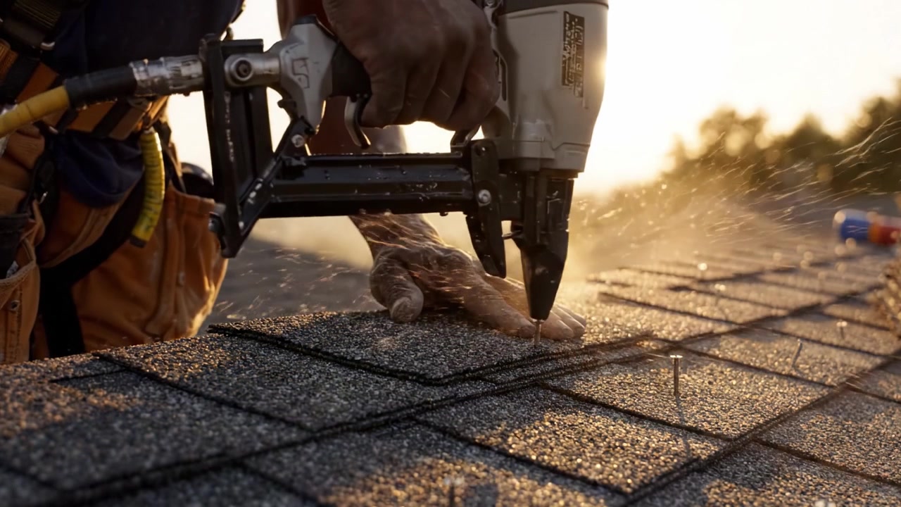 Skilled Roofer Installing Shingles at Sunset: Craftsmanship and Precision in Roofing Construction under a Golden Sky