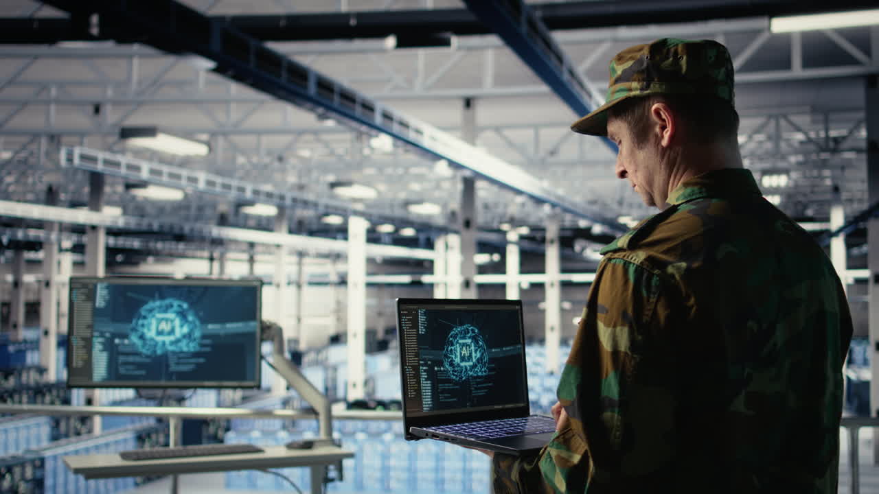 Army Programmer In High Tech Server Hub Uses Ai Application On Laptop