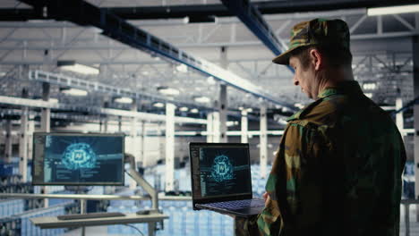 army programmer in high tech server hub uses ai application on laptop