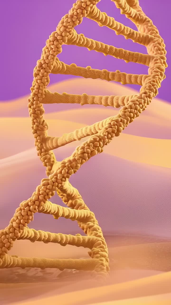 Vertical video: On start orange DNA helix rising from dunes and rotating to reveal structure