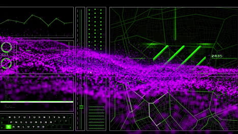 Animations of digital interface and purple wave on dark background