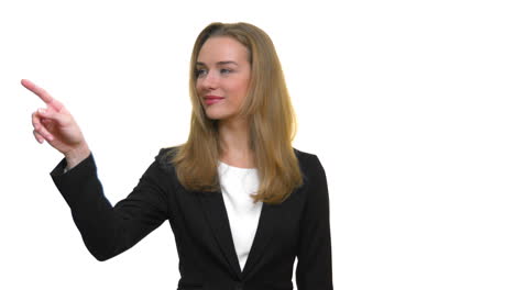 a young beautiful woman dressed in formal office wear pointing her finger on the right side in view of explaining and demonstrating something