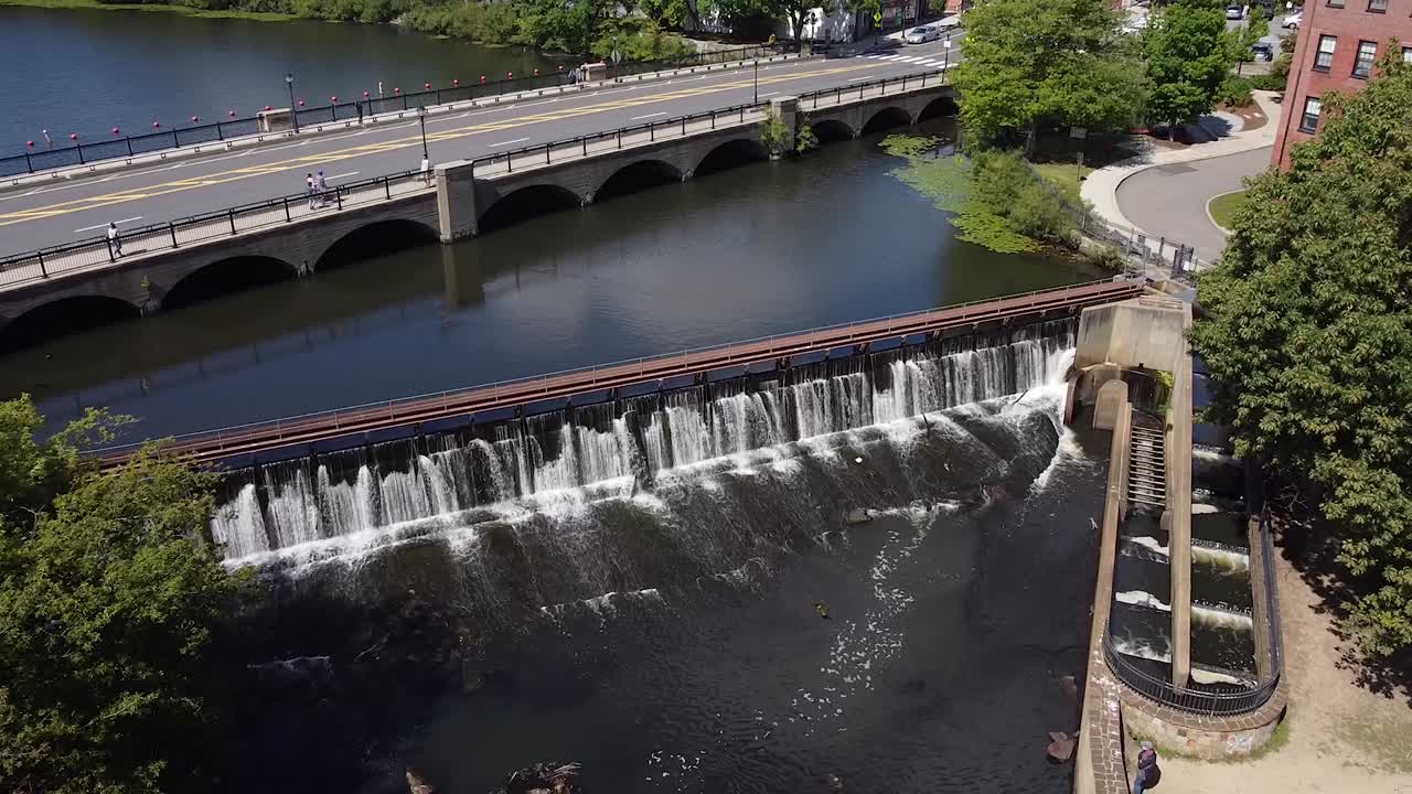 Approaching over the Moody Street Dam on the Charles River in Waltham, Massachusetts