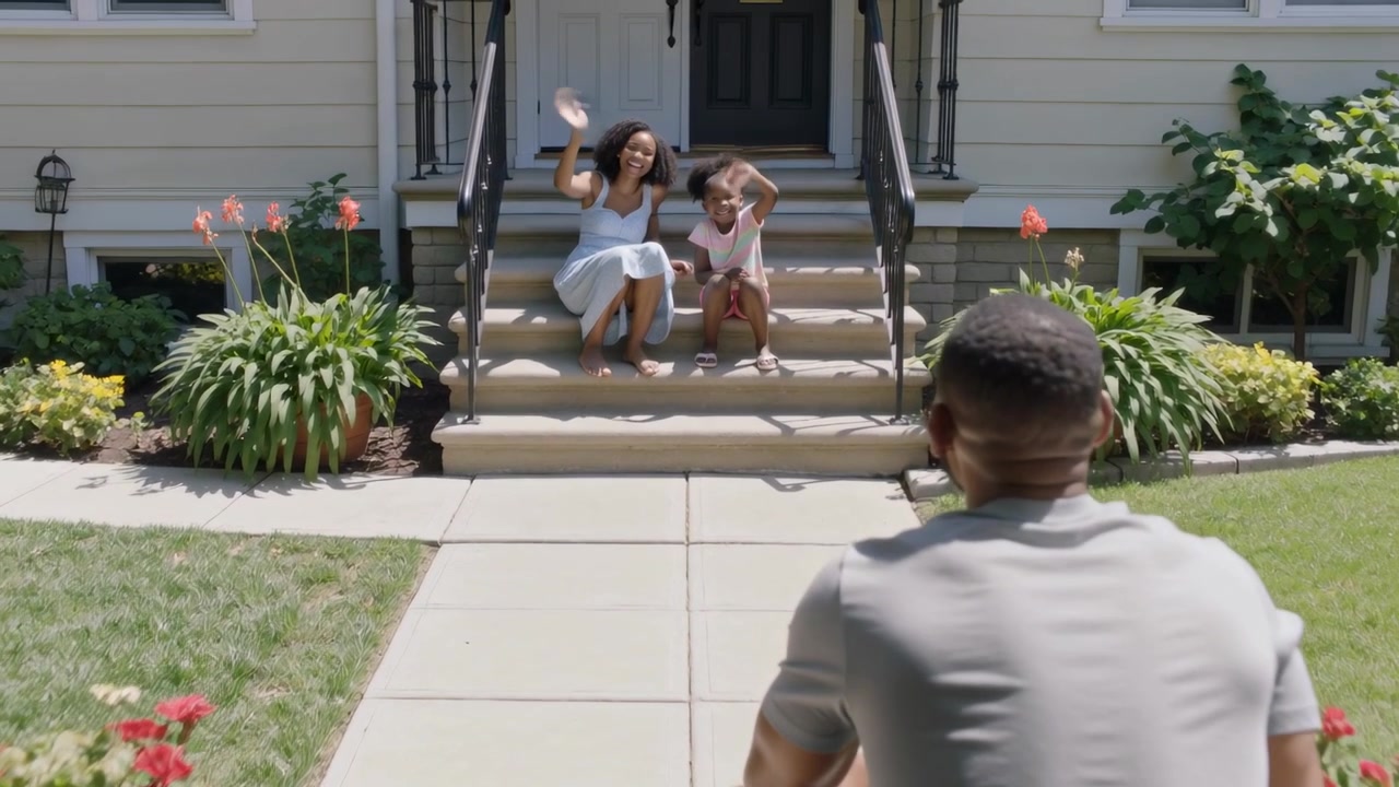 Waving woman in white sundress, girl raising arms greeting man in gray shirt from open doorway