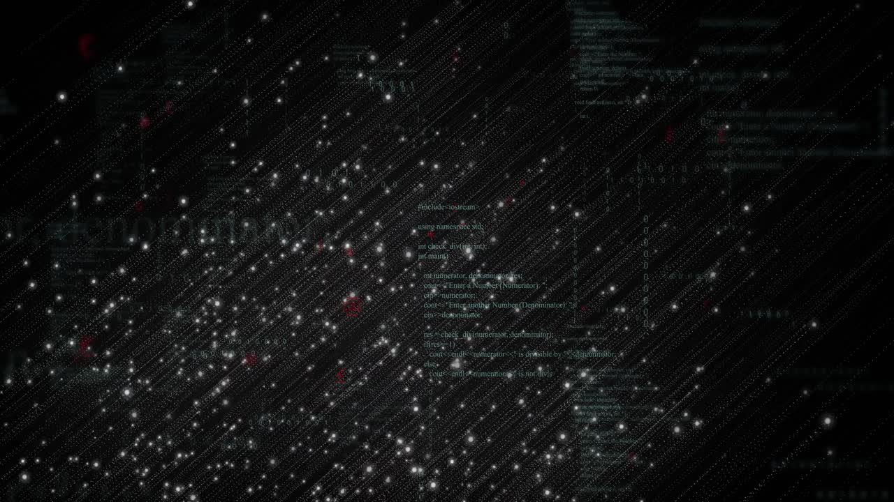 Hundreds white points appearing then drifting diagonally as code sliding in for data visualization