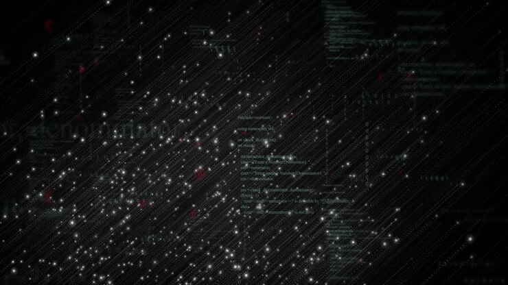 Hundreds white points appearing then drifting diagonally as code sliding in for data visualization