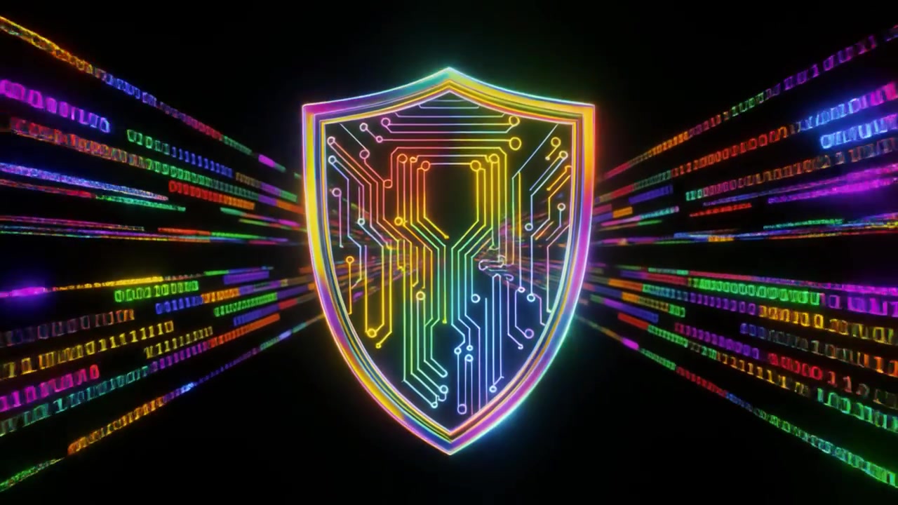 Colorful Cybersecurity Shield with Streaming Binary Data