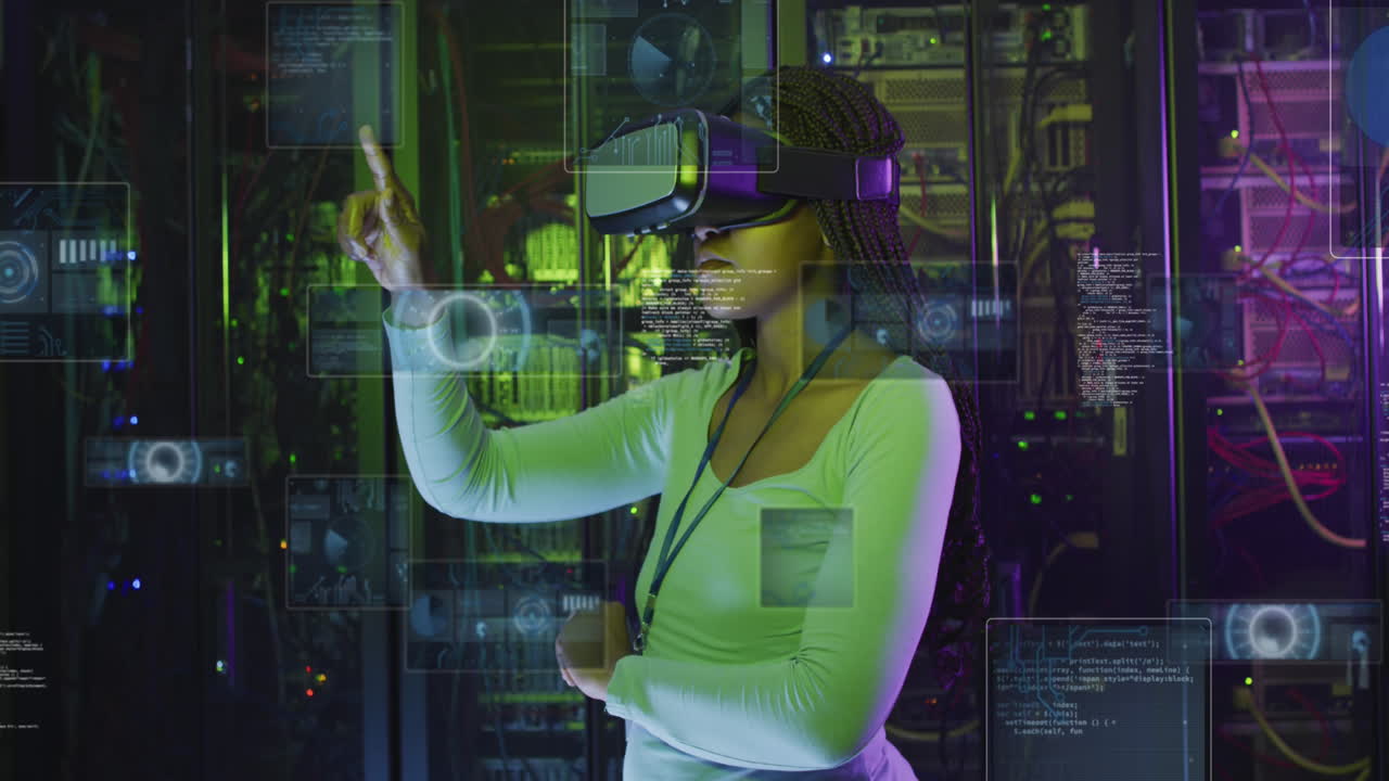 Animation of data processing, african american female it engineer in vr goggles and computer servers