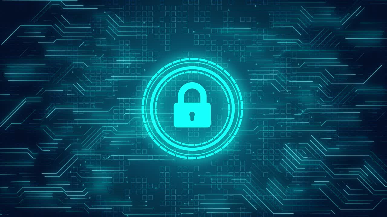 Cybersecurity shield lock icon hologram security breach computer hacking attack warning message