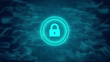 Cybersecurity shield lock icon hologram security breach computer hacking attack warning message