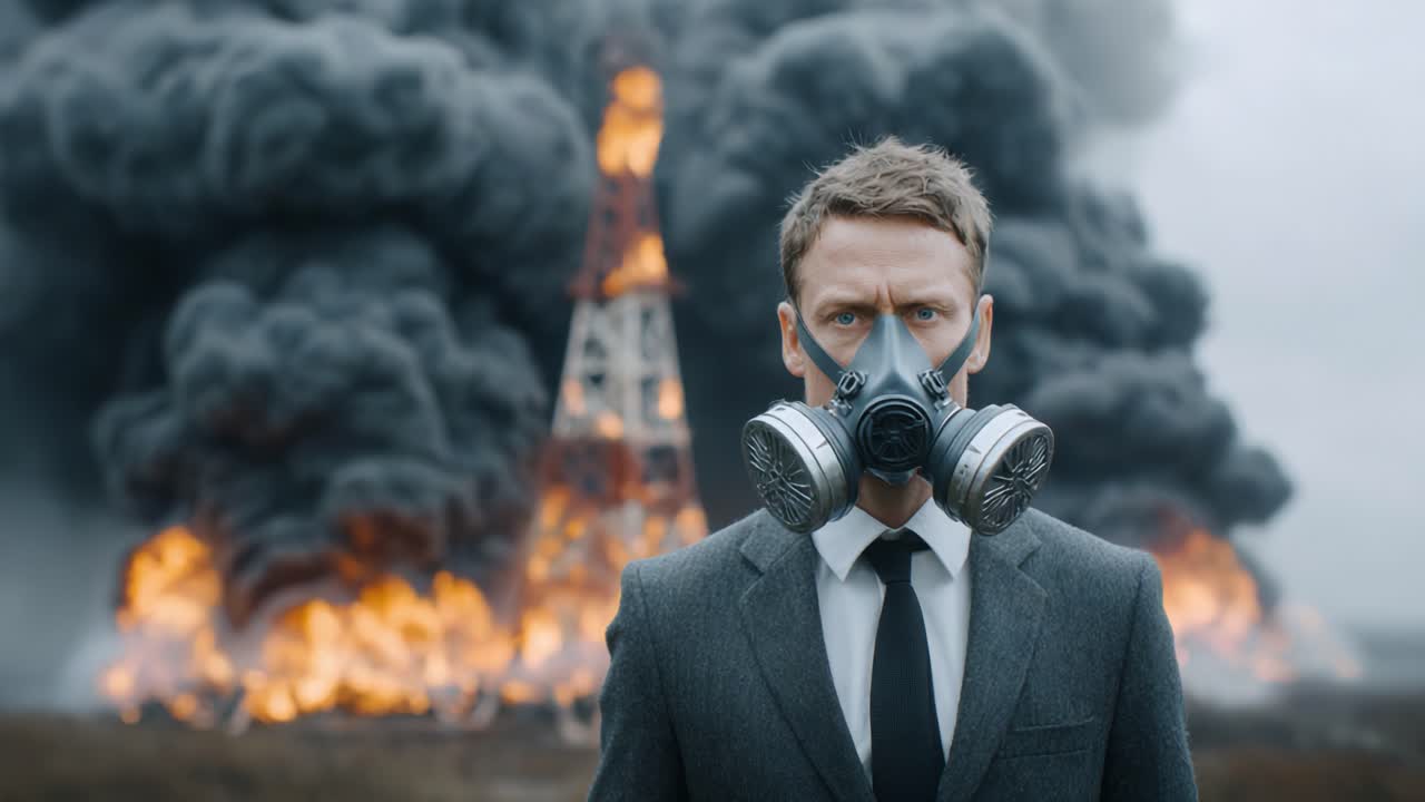 A Determined Individual Stands Resolute Amidst an Apocalyptic Scene, Wearing a Gas Mask as Flames Erupt in the Background, Signifying a Harrowing Crisis