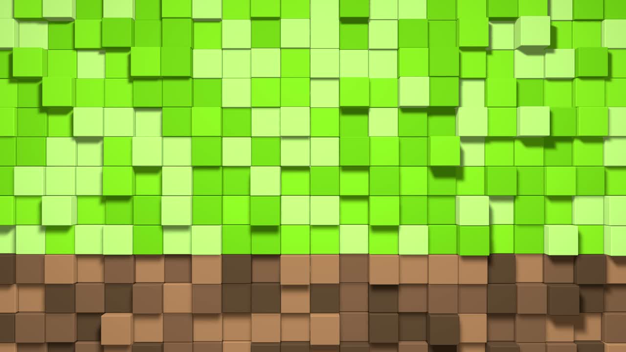 3d cubos abstractos bucle. videojuego isométrico patrón de ondas de mosaico geométrico. construcción de paisajes de colinas utilizando bloques de hierba marrón y verde