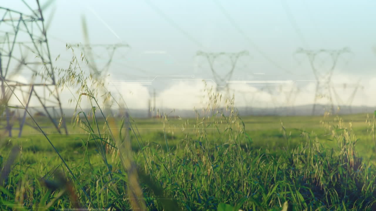 전력 기둥으로 풍경 위의 데이터 처리의 애니메이션