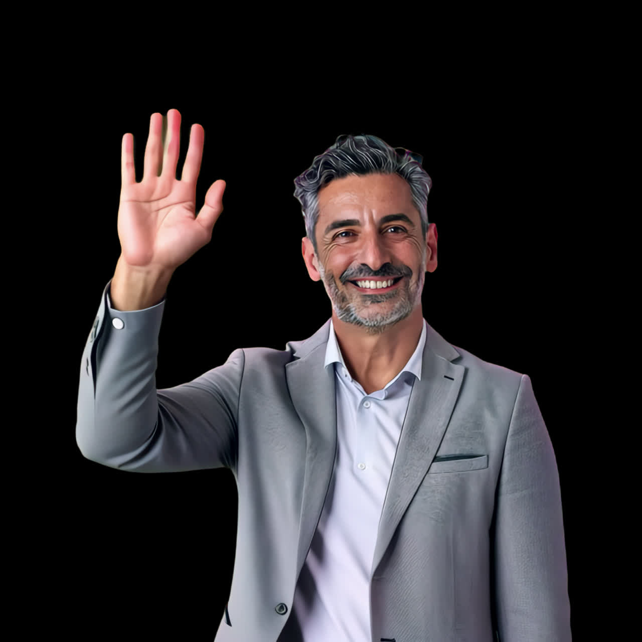 Smiling man waving hello animation isolated asset, transparent 4K video, alpha channel, ProRes 4444
