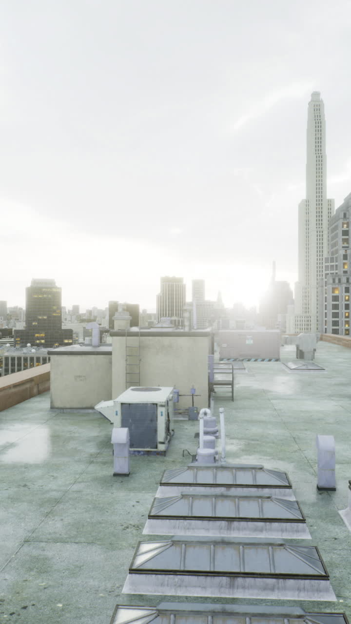 Rooftop view of a city skyline at sunset with various structures