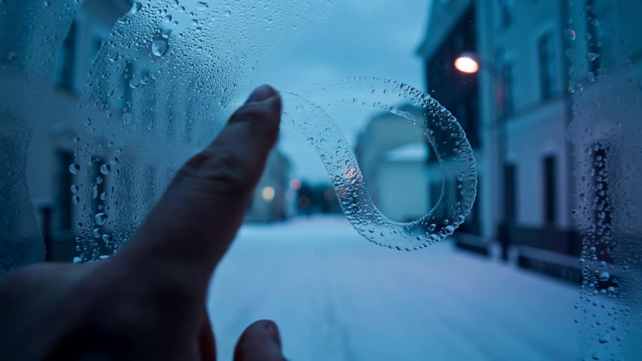 Un singolo polpastrello nudo che traccia una spirale su una finestra appannata, liberando la vista di un lampione innevato.