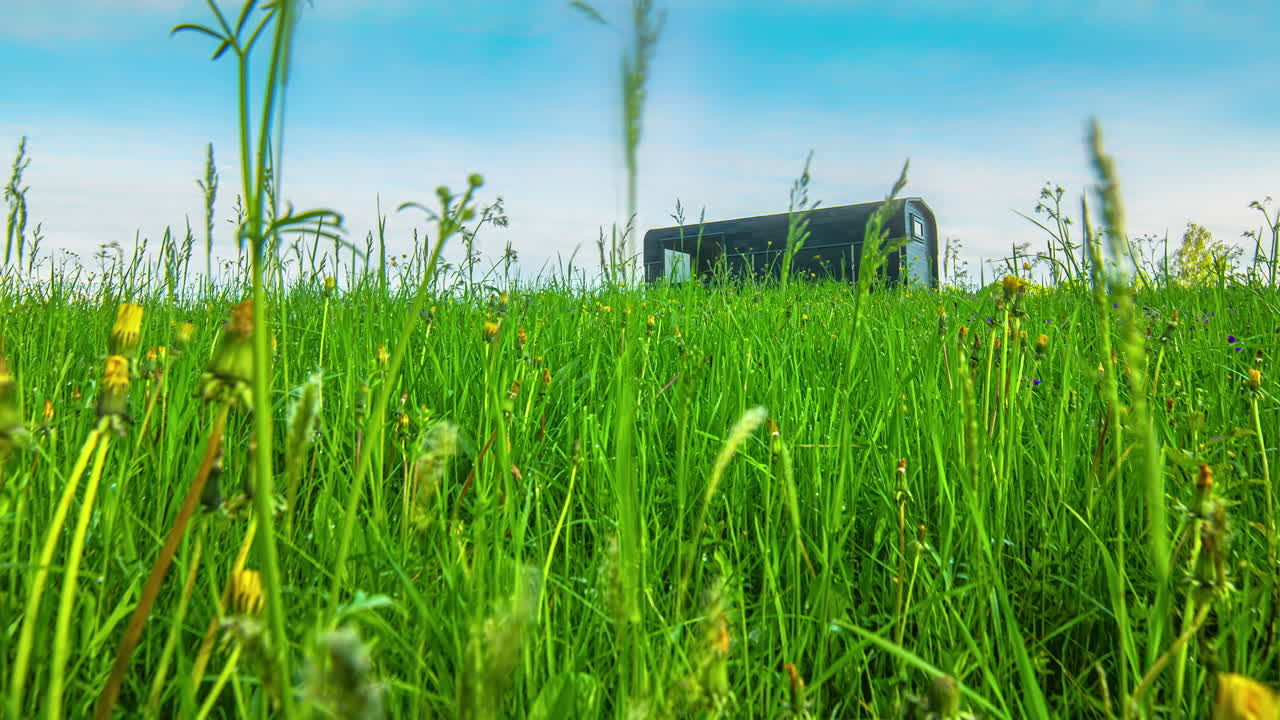 흐린 날 저속으로 먼 거리에 나무 직사각형 오두막이 있는 녹색 잔디밭에 노란 꽃이 만발한 아름다운 봄날의 낮은 각도 샷
