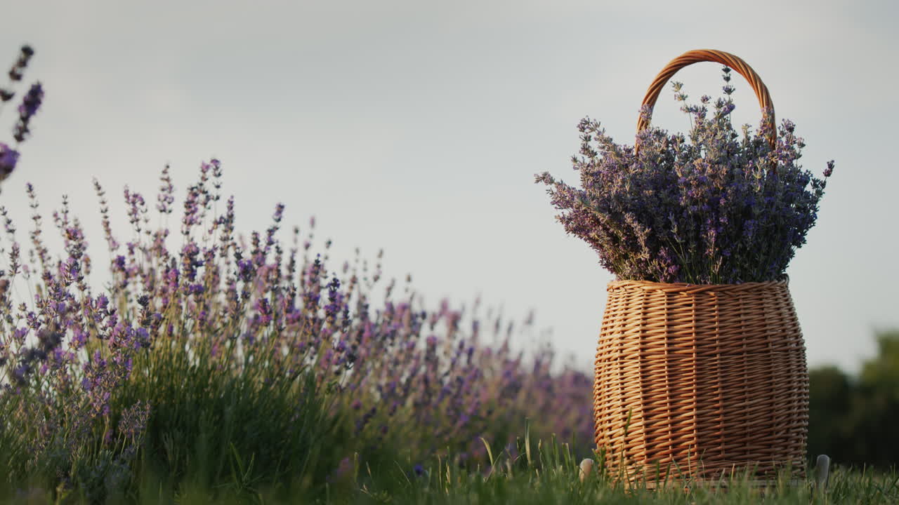 cesta de mimbre con lavanda en un campo de lavanda. paisaje rural