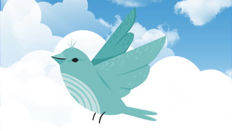 animation of green bird flying over clouds on blue sky in background