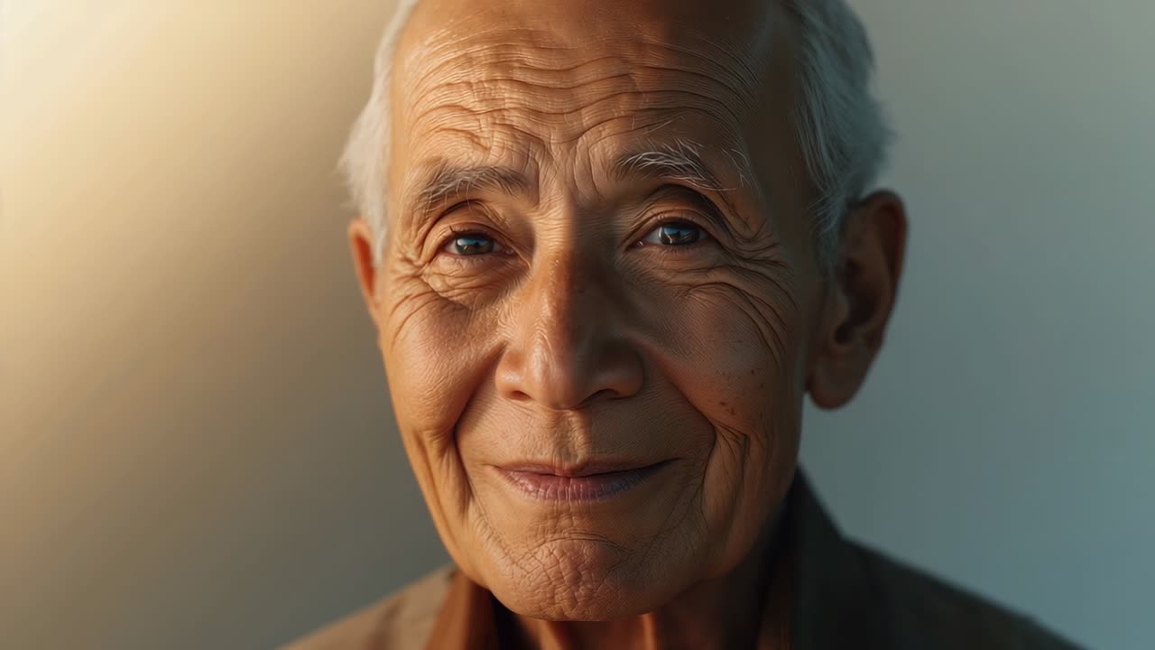 Smiling senior Asian man in brown shirt shifting gaze while camera starting in studio for portrait