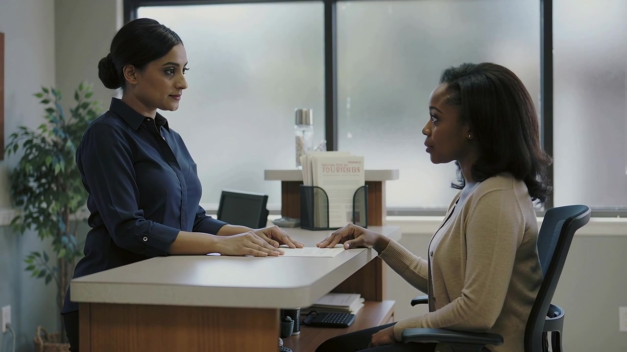 Receptionist sliding form at reception desk, navy blouse staff guiding visitor reading form to sign