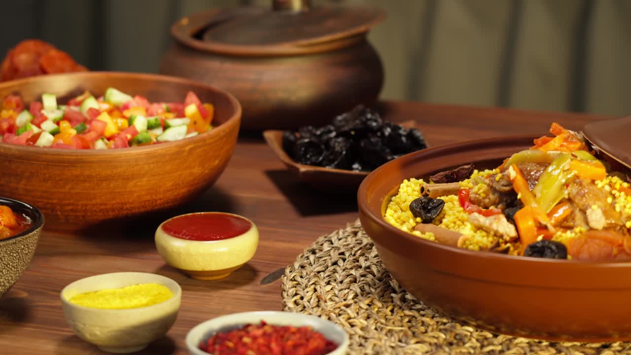 cocina marroquí. tajine, plato tradicional hecho de cordero y berenjena, ensalada de verduras. cultura de oriente medio. couscous con carne de carnero de cerca, arroz delicioso. comida casera.