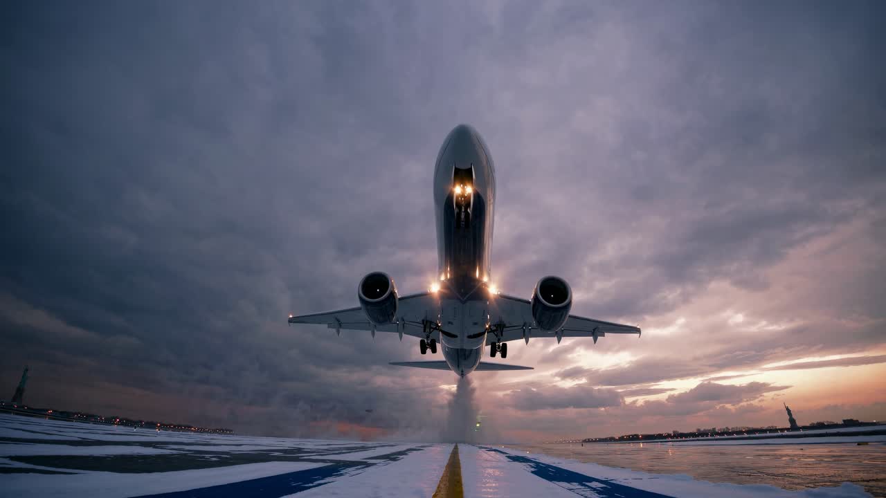 Dramatic low-angle shot of an airplane taking off, capturing the power and motion