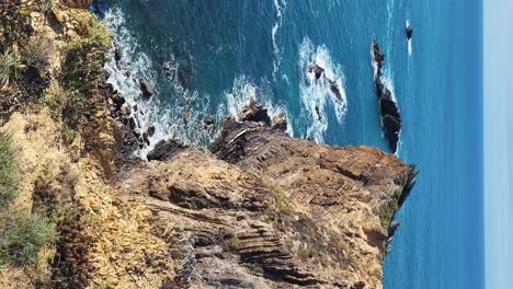 zambujeira do mar over the sea shore with ocean waves, cliffs and sand dunes covered by green vegetation red leaves of sour fig, sunny day, clear blue sky