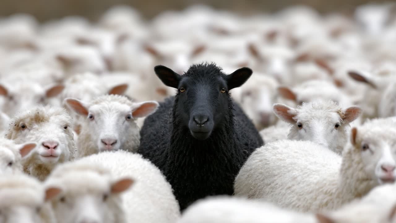 A Striking Contrast in a Sea of White: A Black Sheep Stands Out Amongst a Crowd of White Sheep, Highlighting Individuality Within Homogeneity