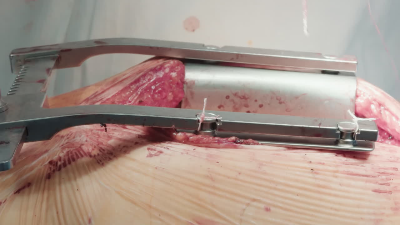 il medico utilizza fili per chiudere il retrattore. gli spargitori di costole metalliche aprono la cavità fornendo accesso agli organi per un'efficace chirurgia di bypass dell'arteria coronaria