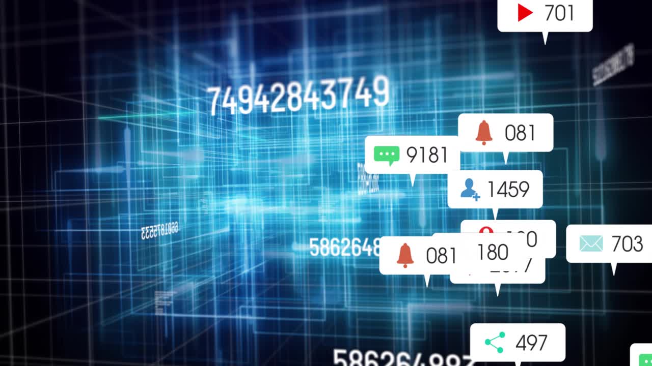 Neon-blue grid tunnel initiating info bubbles floating inward rising counts showing engagement