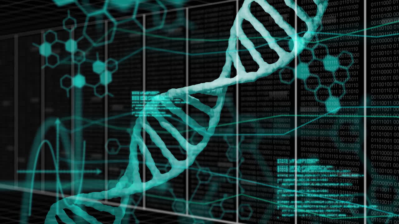 animación del procesamiento de datos digitales sobre soporte y cuadrícula de adn