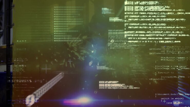 Interface showcasing futuristic tech, featuring scrolling code, glowing grids, plus-sign markers