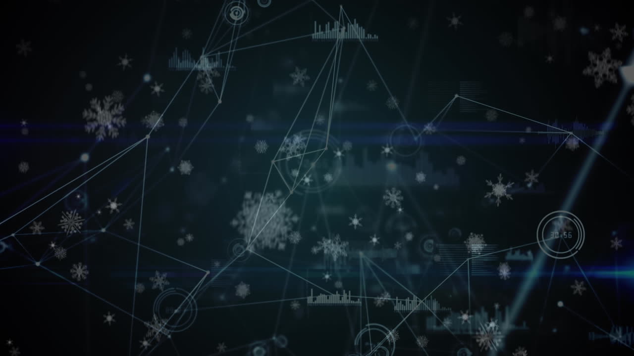 Animation of snow falling over network of connections and data processing