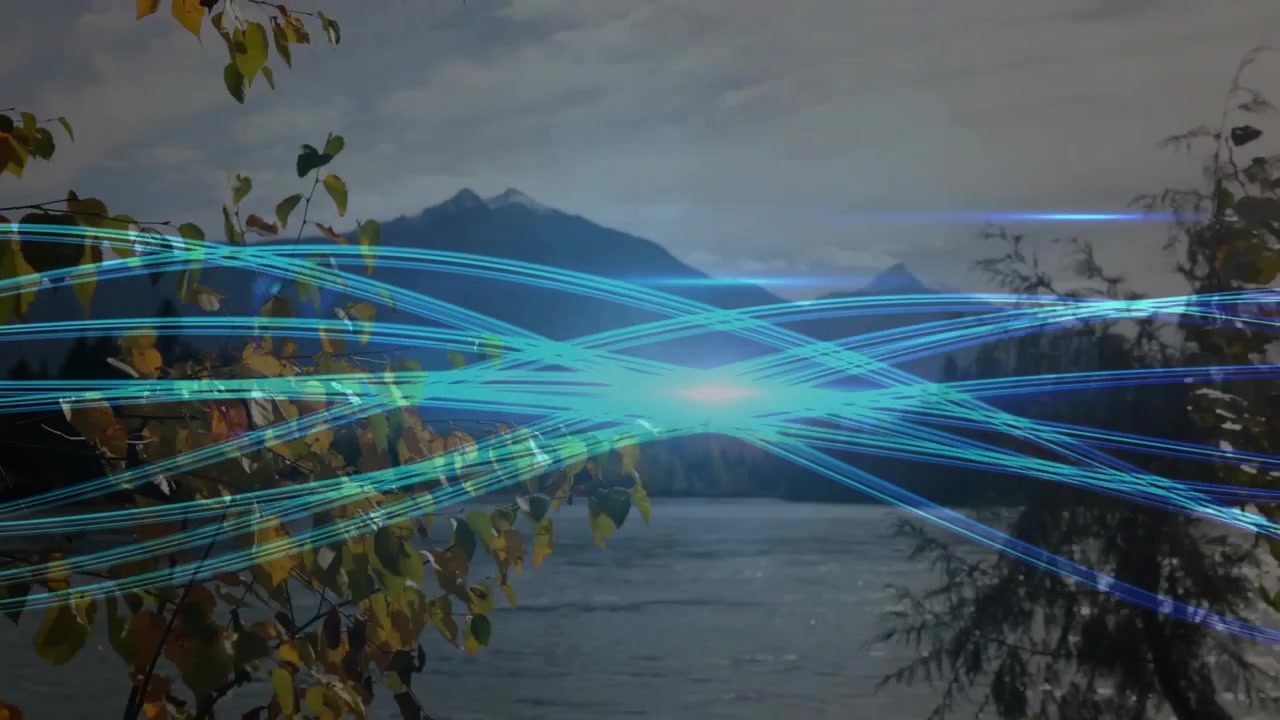 Neon-blue light trails emerging left weaving to center, converging then pulsing over lake