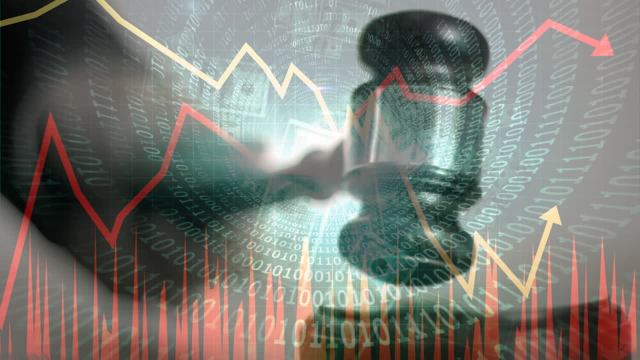 Animation of statistics and binary coding processing over auctioneer's hammer