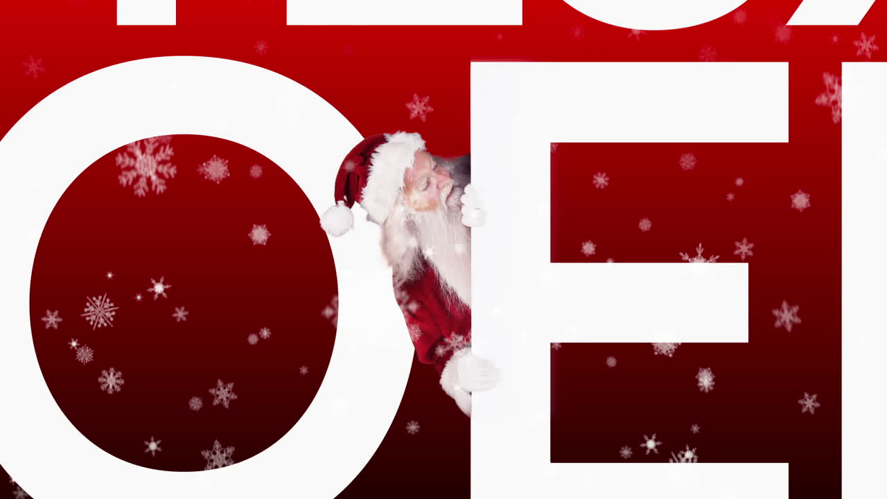 santa mirando alrededor de joyeux noel en el fondo festivo